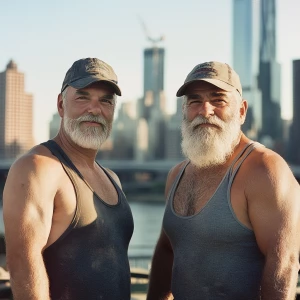 Mike and Alex, two master builders in their 50s with sculpted bo...