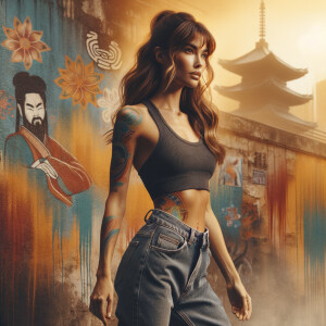 Athletic Thin skinny Attractive, Asian teenage girl, long brown hair and bangs, wearing tight skinny jeans and a halter top paint marks on her clothing, heroic pose Asian graffiti background, side view