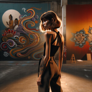 Athletic Thin skinny Attractive, Asian teenage girl, long brown hair and bangs, wearing tight skinny jeans and a halter top paint marks on her clothing, heroic pose Asian graffiti background, backside view