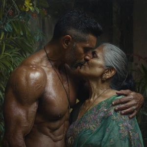 Hyperrealism painting.a muscular sweaty indian  man  standing in...