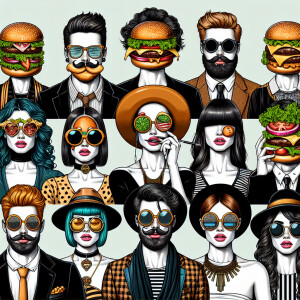 Individuals with faces resembling a chease burger featuring asso...