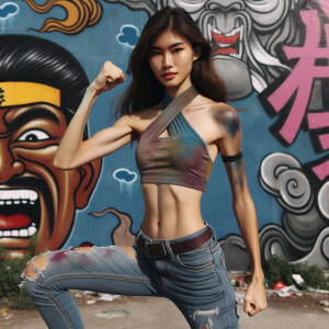 Athletic Thin skinny Attractive, Asian teenage girl, long brown hair and bangs, wearing tight skinny jeans and a halter top paint marks on her clothing, heroic pose Asian graffiti background