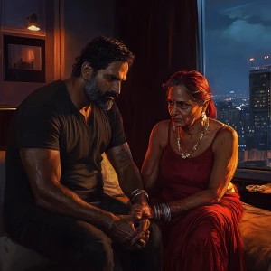 realism art  style .A sweaty beefy muscular man sitting with his...