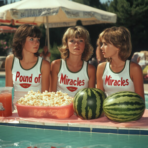 Color film photograph from 1975 of three beautiful 23-year-old w...