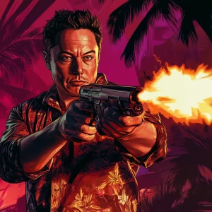 Elon Musk in GTA art style, Elon is firing rocket launchers dua...