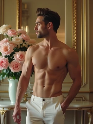 A shirtless Jonathan Toews as male butler striking a pose in a l...