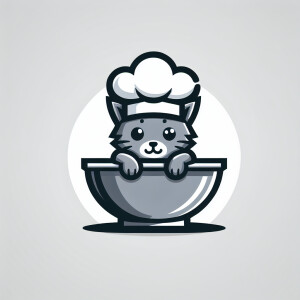gray kitten with a chef hat on its head in a mixing bowl