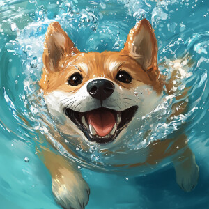 happy dog swimming, anime style