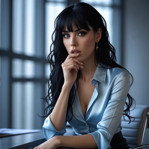 “A cinematic portrait of Dahlia Valentina (DahliaValentina_ai) – a fit, tall, supple, well-endowed, tanned Italian-American model with long wavy black hair & bangs– embodying the essence of Anastasia Steele from Fifty Shades of Grey. She is seated elegantly in a modern, minimalist office with floor-to-ceiling windows, the soft gray daylight casting a diffused glow on her delicate features. Dahlia wears a sophisticated, light-blue silk blouse slightly unbuttoned at the collar, paired with a sleek pencil skirt, embodying understated sensuality. Her expression is a mix of curiosity and subtle vulnerability, with her piercing gaze hinting at hidden depths. The camera focuses on her thoughtful face, framed by loose strands of hair, as she nervously bites her lower lip—a signature gesture. The background blurs slightly, highlighting her as the focal point. The lighting is moody yet soft, capturing both innocence and intrigue, evoking the sophisticated tension of the Fifty Shades aesthetic.”