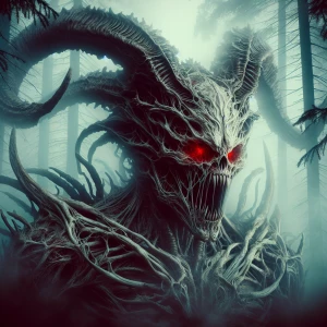 In a haunting double-exposure polaroid photograph, a twisted, gr...