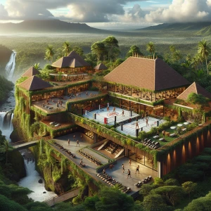 Design an elite mixed martial arts training camp located in Bali, Indonesia, featuring state-of-the-art facilities, eco natural design, tropical surroundings, and accommodation for international fighters.