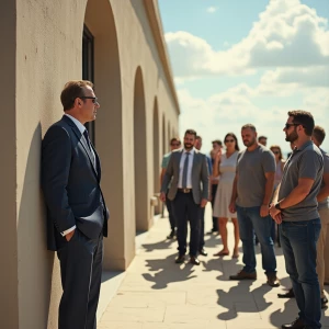 Create an image of a man standing leaned against the outer wall of a building. Next to him, a group of people is talking to him, but he disdainfully ignores them.