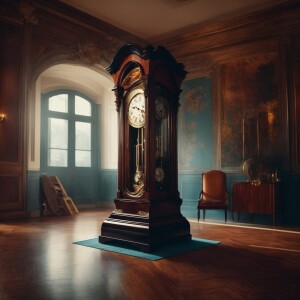 A grandfather clock with legs and feet running out of a futurist...