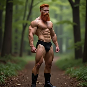 Bodybuilder ginger hair with a fade beard wearing black leather...