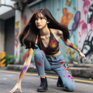 teenage girl, long brown hair and bangs, wearing tight skinny jeans and a halter top paint marks on her clothing, heroic pose Asian graffiti background, nearing on one knee