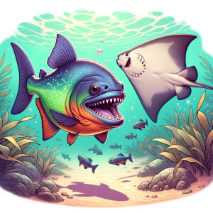 Purple lime piranha no teeth playing with a sting ray