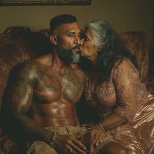 Realism,photo  painting.a muscular beefy sweaty tattoed indian m...