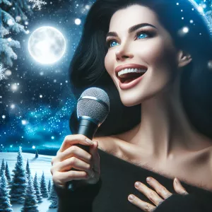 A pale-skinned woman with black hair and blue eyes joyously sing...