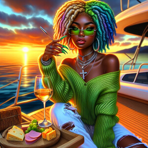 Oil painting: Sitting on a yacht drinking wine, cheese ham and c...