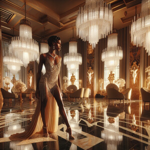 o	In the opulent splendor of an Art Deco penthouse, an elegant L...