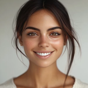 Generate a lifelike image of a smiling 22-year-old Mexican woman...