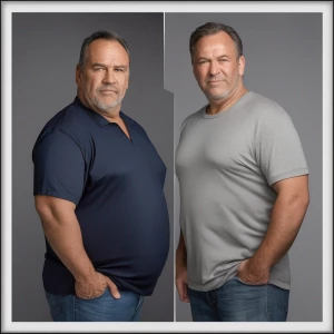Create a side-by-side close up image of a man in his mid-forties...