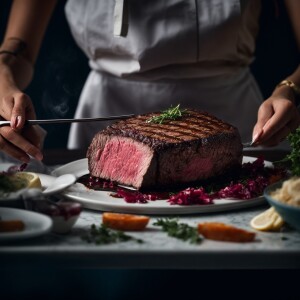 Woman cooks a filet mignonette. Shows it off. She has 3 hands