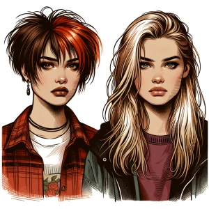 Two women, bothe with an alternative/grunge style. One with shor...