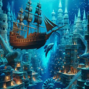 wooden pirate storms giant fish skeleton city