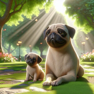 A Female dog pug with her puppy next to her 3D Photolistic reali...