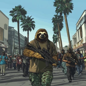 Sloths slerf meme..walking down crowded street shooting a machin...