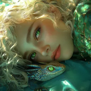 A ultra-realistic portrait of a blonde woman with curly hair and...