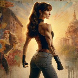 Athletic Thin skinny Attractive, Asian teenage girl, long brown hair and bangs, wearing tight skinny jeans and a halter top paint marks on her clothing, heroic pose Asian graffiti background,  backside view