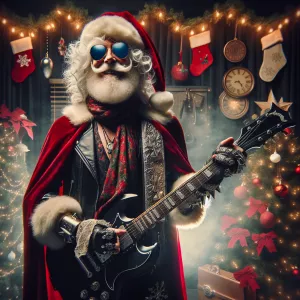Santa Claus dressed in classic rock 'n' roll style, complete wit...