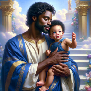 Classical oil painting style depicting an African-American Jesus...