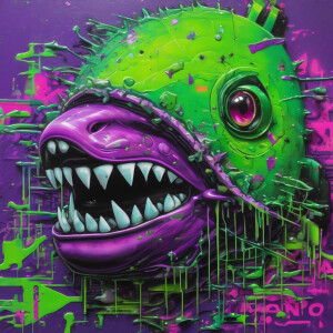 Cute giant purple and neon green piranha