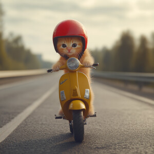 A small orange kitten with black eyes sporting a red helmet, per...