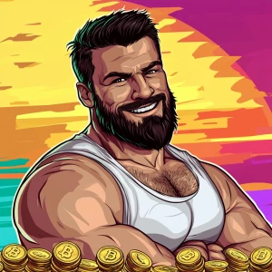 White muscular thin man with beard, big chin, smile and cheekbon...