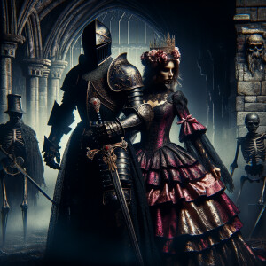 Black knight and a queen wearing burgundy,gold and pink dress in front of a undead castle