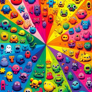 A color wheel of happy cute toy monsters