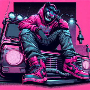 Create a colorful/psyscadelic character of pink panther wearing...