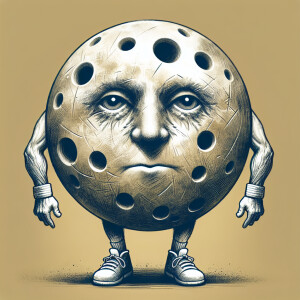 A pickleball with arms legs and face that looks beat up from bei...