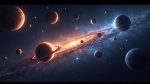 Create an image depicting various planets and galaxies expanding...