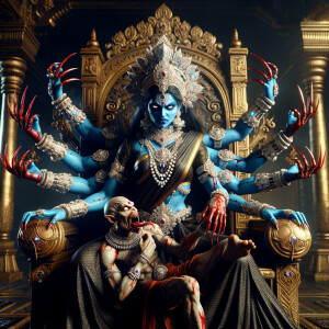 portrait of angry looking, four-armed indian goddess blue skinned sitting on a gold crown and carrying a weak mahishasur on her lap and poking his abdomen with her amazingly long red fingernails . She is wearing diamond armor, a huge diamond crown, black saree, abundant  diamond jewelry, covered in blood. The scene is set in ancient India. The image is 8K resolution, cinematic, photography, ultra detailed face and epic.