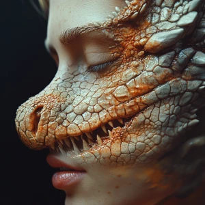 A woman's face transforming into a dragon's snout