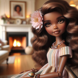 Create an image of a stylized, Latino brown skin doll-like girl...