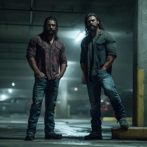 Scene Description:
Two rugged men stand confidently in a dimly l...