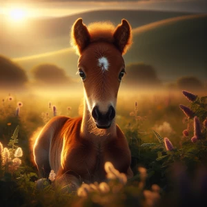 A stunningly realistic chestnut baby horse (foal) standing in a...