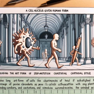 An anthropomorphic cell nucleus wielding a pen strides through t...