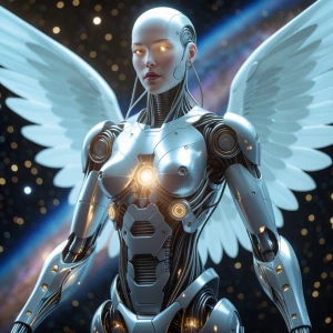 Create a high-resolution image of a cyborg with an angelic aura,...